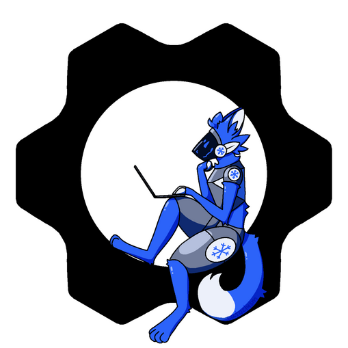 blue protogen on a laptop sitting inside a 6-toothed gear