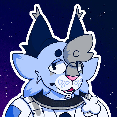 blue cat wearing a space suit with a tired expression on a starry background