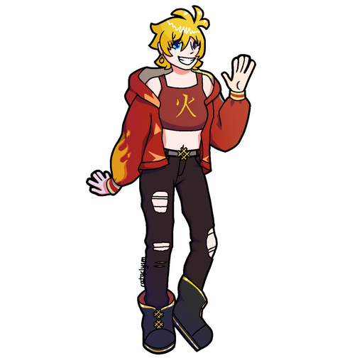 blonde-haired girl with red hoodie, red crop top, black ripped jeans, and large black boots